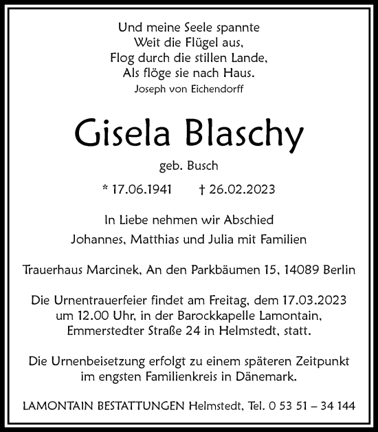 Traueranzeige von Gisela Blaschy von Helmstedter Nachrichten