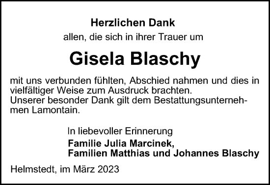 Traueranzeige von Gisela Blaschy von Helmstedter Nachrichten