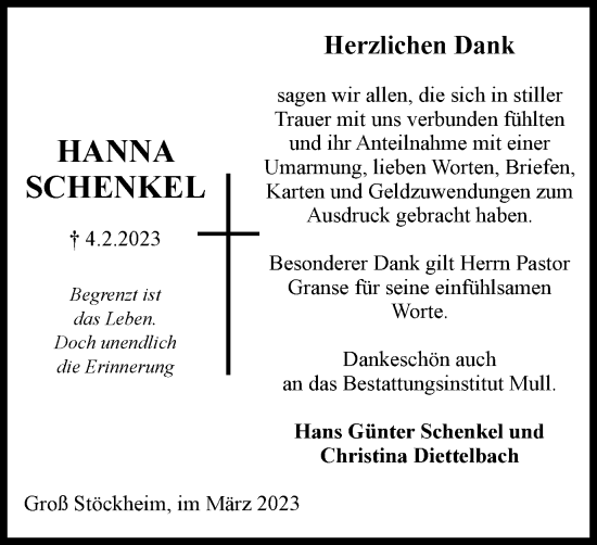 Traueranzeige von Hanna Schenkel von Wolfenbütteler Zeitung