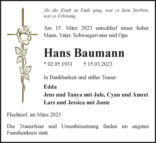 Traueranzeige von Hans Baumann von Helmstedter Nachrichten