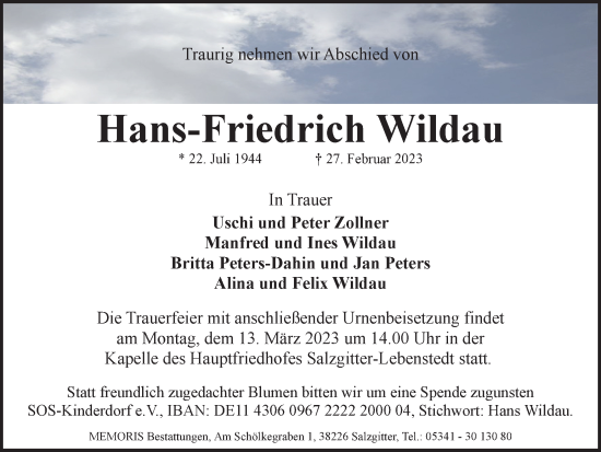 Traueranzeige von Hans-Friedrich Wildau von Braunschweiger Zeitung, Salzgitter-Zeitung