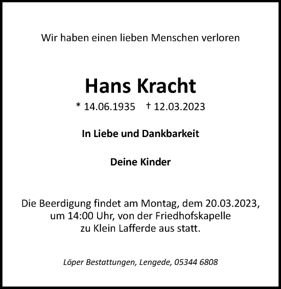 Traueranzeige von Hans Kracht von Peiner Nachrichten