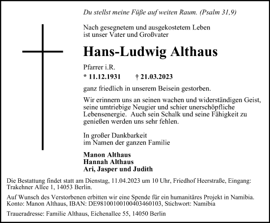 Traueranzeige von Hans-Ludwig Althaus von Braunschweiger Zeitung