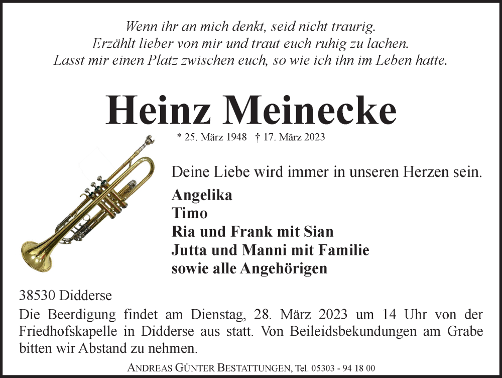  Traueranzeige für Heinz Meinecke vom 25.03.2023 aus Braunschweiger Zeitung