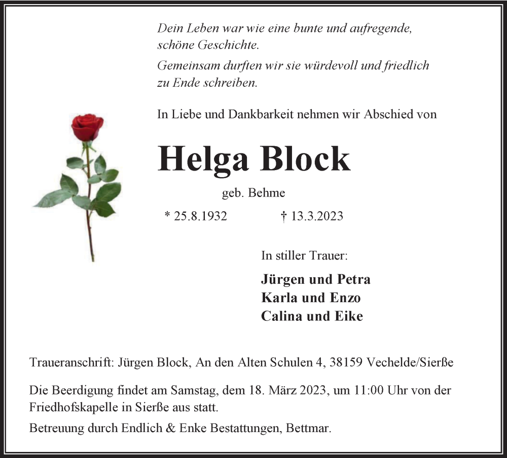  Traueranzeige für Helga Block vom 15.03.2023 aus Peiner Nachrichten