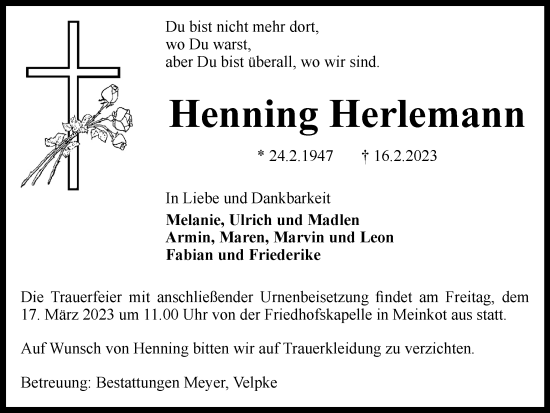 Traueranzeige von Henning Herlemann von Helmstedter Nachrichten