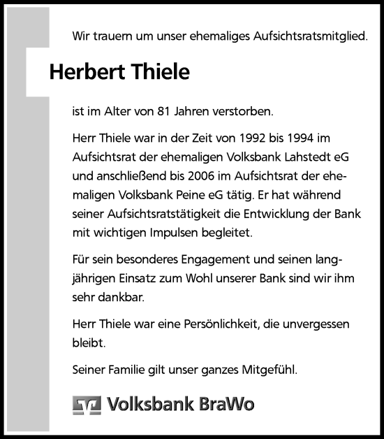 Traueranzeige von Herbert Thiele von Peiner Nachrichten