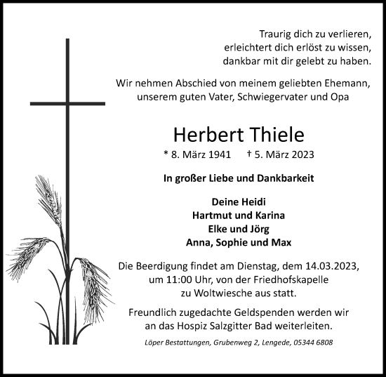 Traueranzeige von Herbert Thiele von Peiner Nachrichten