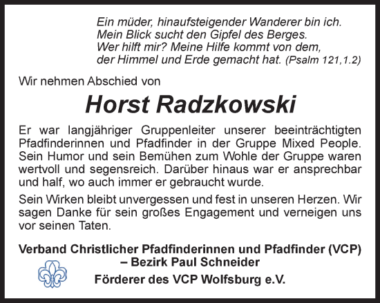 Traueranzeige von Horst Radzkowski von Wolfsburger Nachrichten