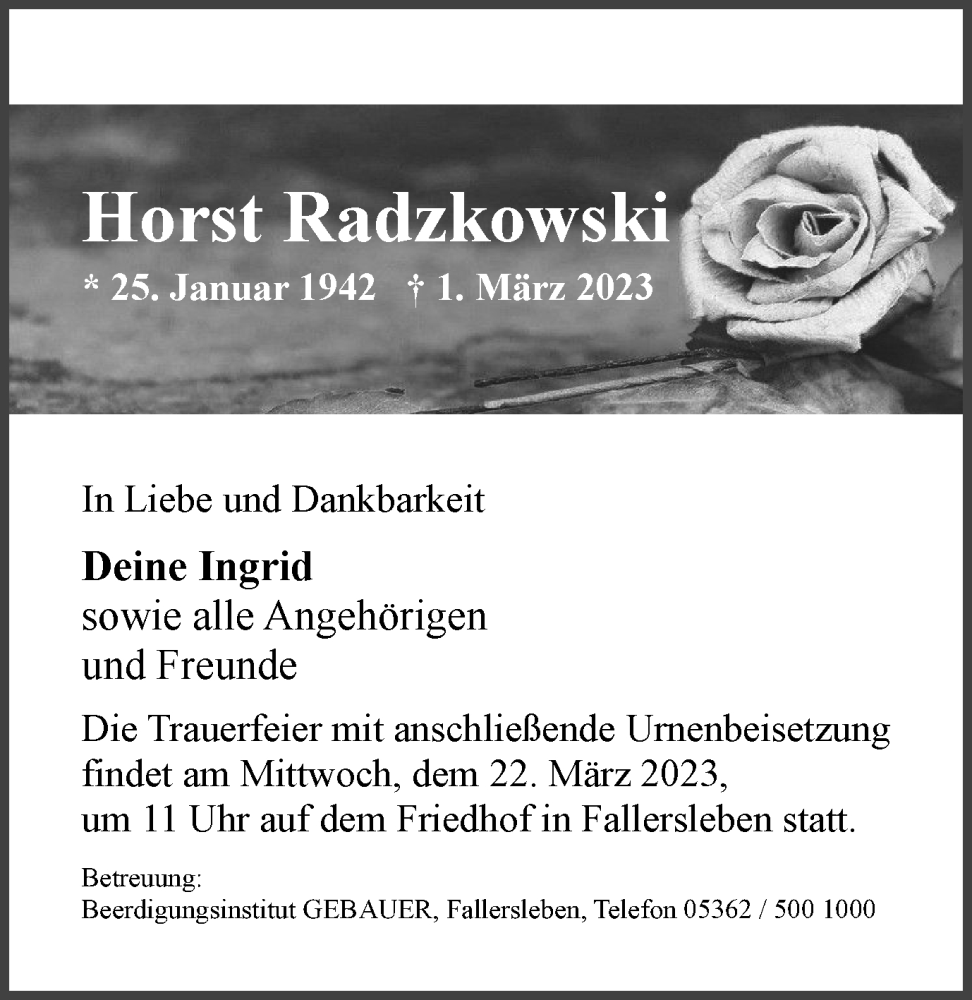  Traueranzeige für Horst Radzkowski vom 11.03.2023 aus Wolfsburger Nachrichten