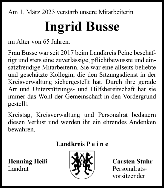 Traueranzeige von Ingrid Busse von Peiner Nachrichten