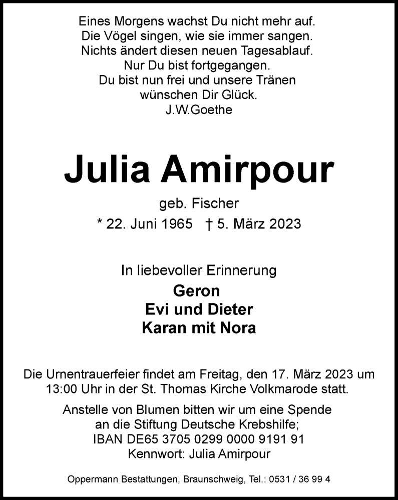  Traueranzeige für Julia Amirpour vom 11.03.2023 aus Braunschweiger Zeitung