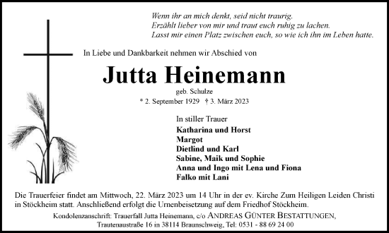 Traueranzeige von Jutta Heinemann von Braunschweiger Zeitung