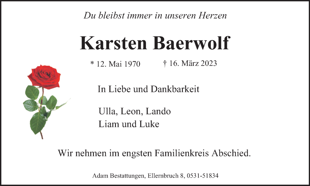  Traueranzeige für Karsten Baerwolf vom 25.03.2023 aus Braunschweiger Zeitung