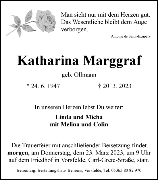 Traueranzeige von Katharina Marggraf von Wolfsburger Nachrichten