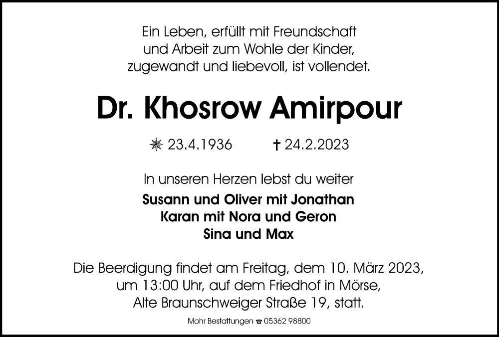  Traueranzeige für Khosrow Amirpour vom 04.03.2023 aus Wolfsburger Nachrichten