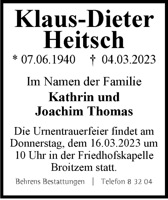 Traueranzeige von Klaus-Dieter Heitsch von Braunschweiger Zeitung