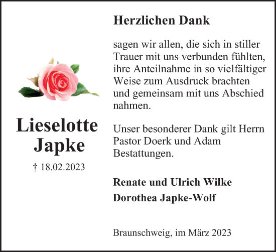 Traueranzeige von Lieselotte Japke von Braunschweiger Zeitung