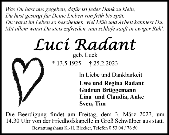 Traueranzeige von Luci Radant von Braunschweiger Zeitung