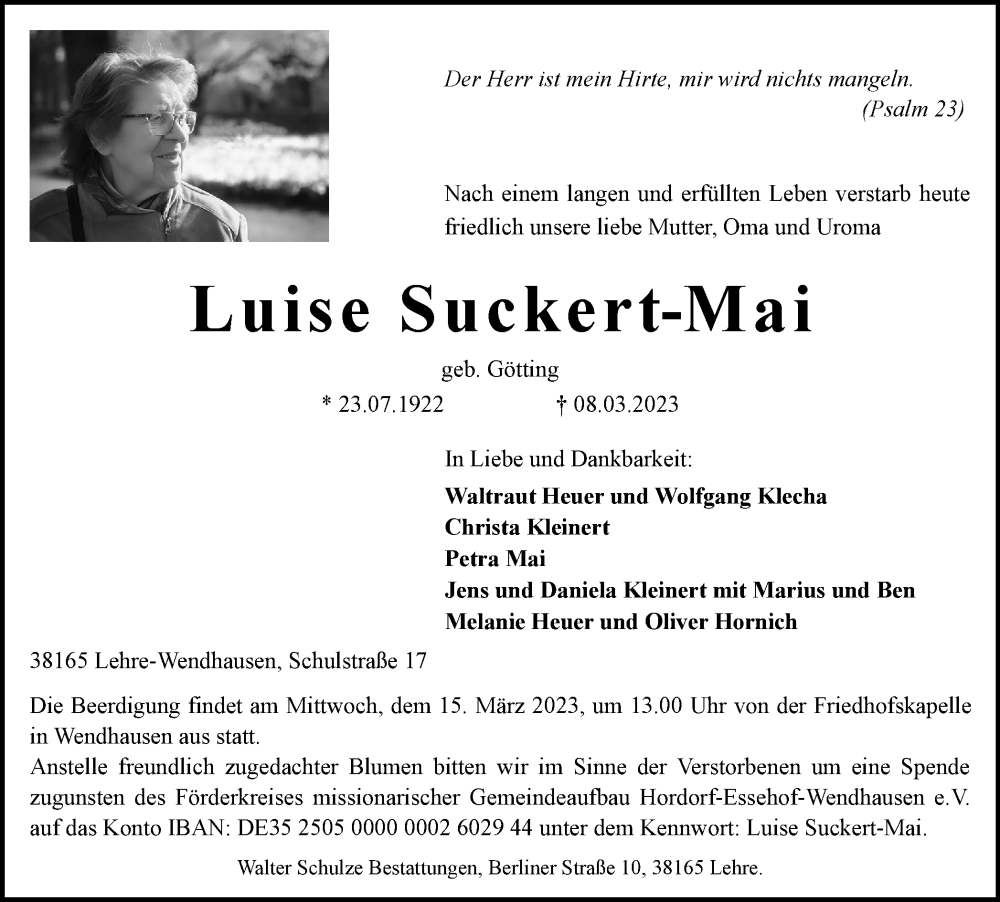  Traueranzeige für Luise Suckert-Mai vom 11.03.2023 aus Braunschweiger Zeitung