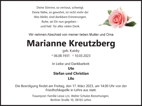 Traueranzeige von Marianne Kreutzberg von Helmstedter Nachrichten