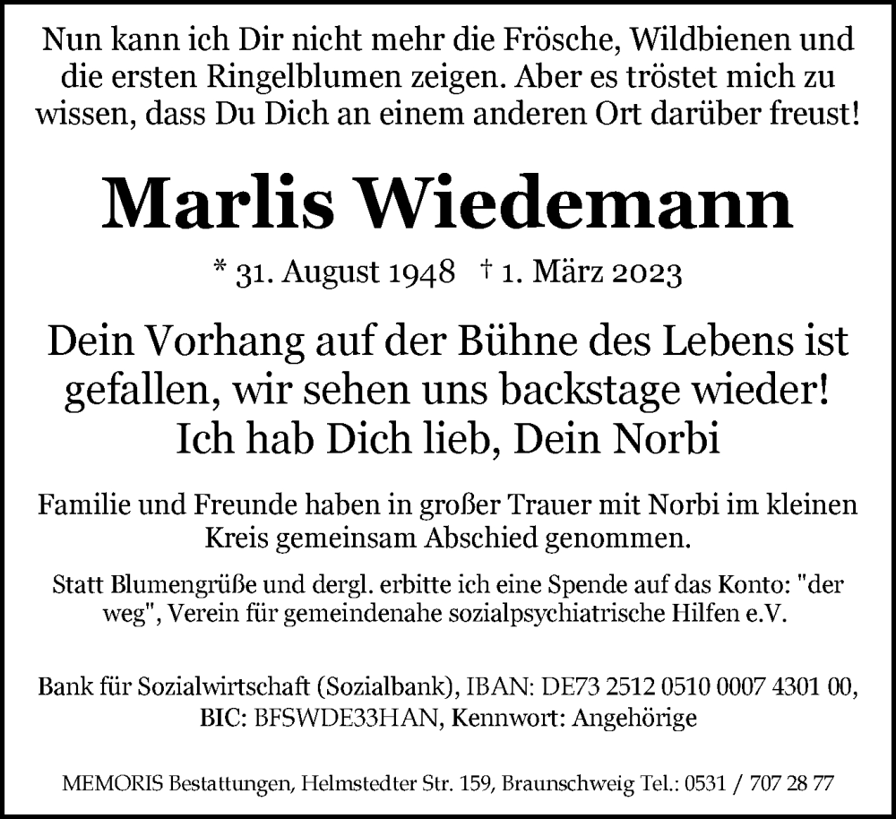 Traueranzeigen Von Marlis Wiedemann | Trauer38.de