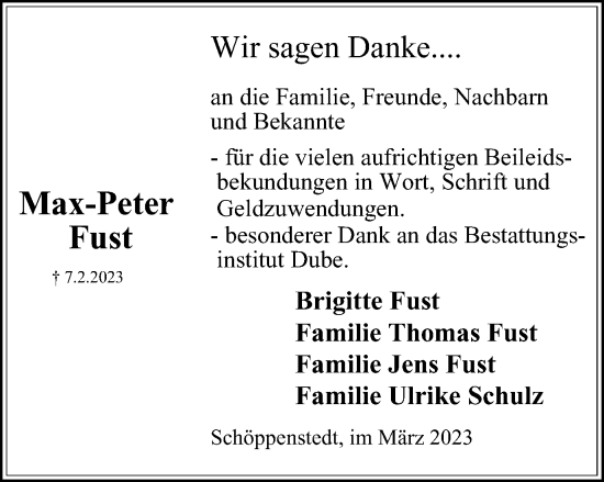 Traueranzeige von Max-Peter Fust von Wolfenbütteler Zeitung