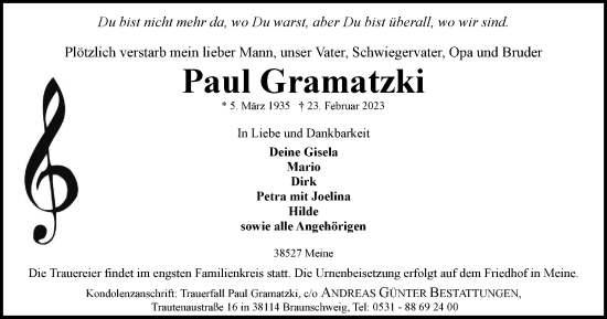 Traueranzeige von Paul Gramatzki von Braunschweiger Zeitung