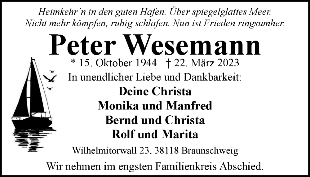  Traueranzeige für Peter Wesemann vom 25.03.2023 aus Braunschweiger Zeitung