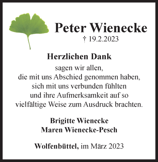 Traueranzeige von Peter Wienecke von Wolfenbütteler Zeitung