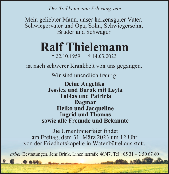 Traueranzeige von Ralf Thielemann von Braunschweiger Zeitung