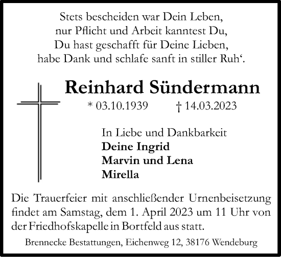 Traueranzeige von Reinhard Sündermann von Peiner Nachrichten