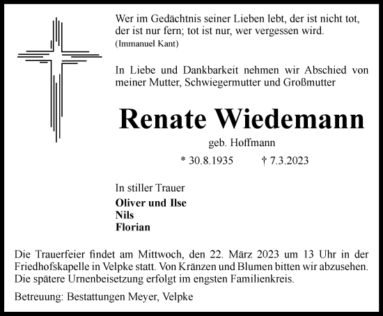 Traueranzeige von Renate Wiedemann von Helmstedter Nachrichten