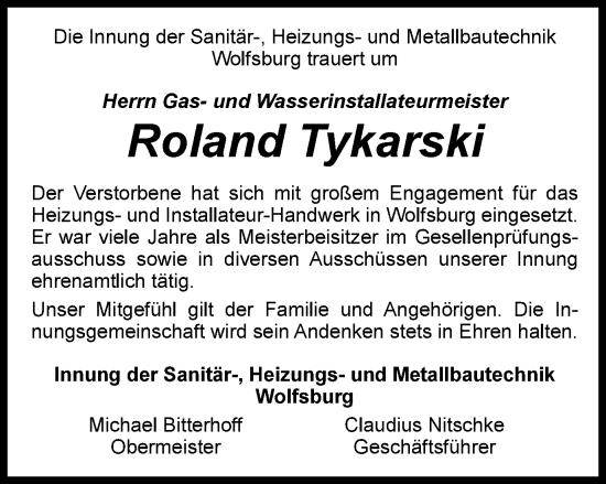 Traueranzeige von Roland Tykarski von Wolfsburger Nachrichten