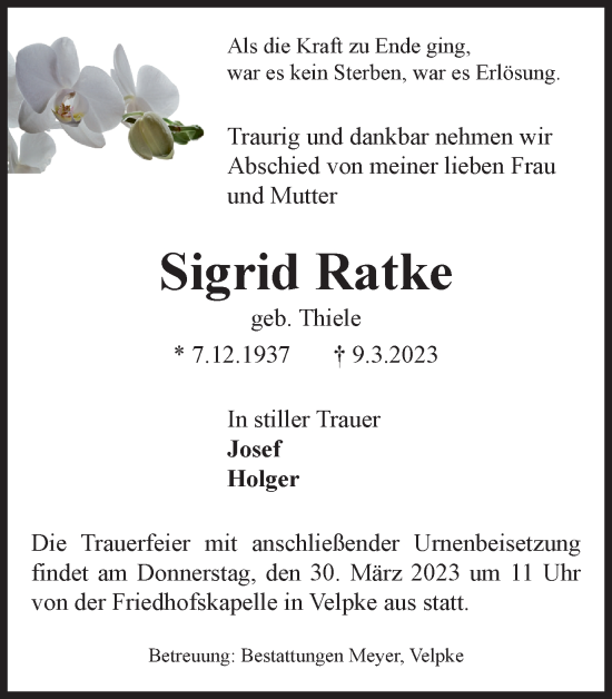 Traueranzeige von Sigrid Ratke von Helmstedter Nachrichten