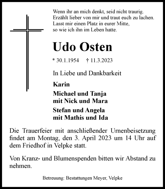 Traueranzeige von Udo Osten von Helmstedter Nachrichten