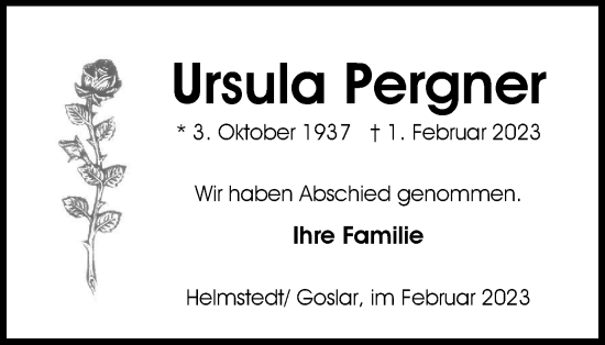 Traueranzeige von Ursula Pergner von Helmstedter Nachrichten