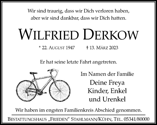 Traueranzeige von Wilfried Derkow von Salzgitter-Zeitung