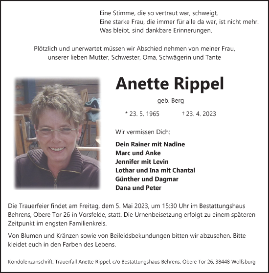 Traueranzeige von Anette Rippel von Wolfsburger Nachrichten