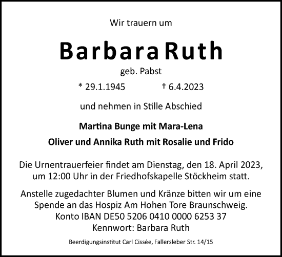 Traueranzeige von Barbara Ruth von Braunschweiger Zeitung