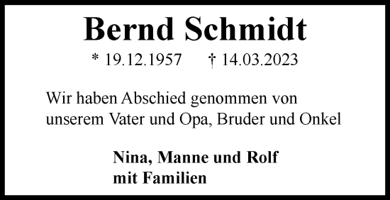 Traueranzeige von Bernd Schmidt von Braunschweiger Zeitung