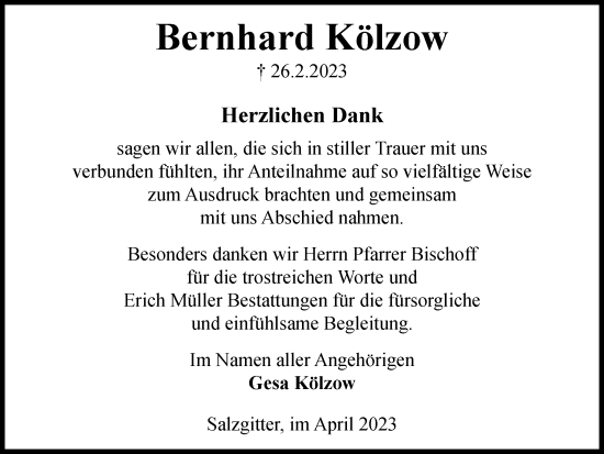 Traueranzeige von Bernhard Kölzow von Salzgitter-Zeitung