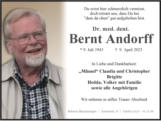 Traueranzeige von Bernt Andorff von Braunschweiger Zeitung