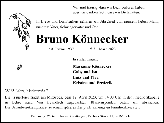 Traueranzeige von Bruno Könnecker von Braunschweiger Zeitung