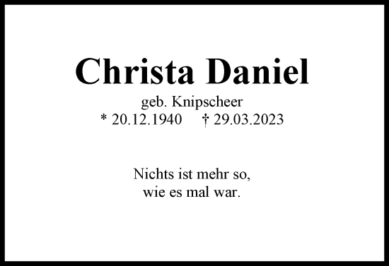 Traueranzeige von Christa Daniel von Peiner Nachrichten