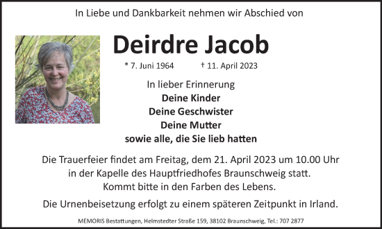 Traueranzeige von Deirdre Jacob von Braunschweiger Zeitung