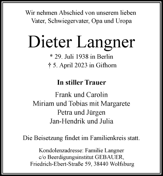 Traueranzeige von Dieter Langner von Wolfsburger Nachrichten