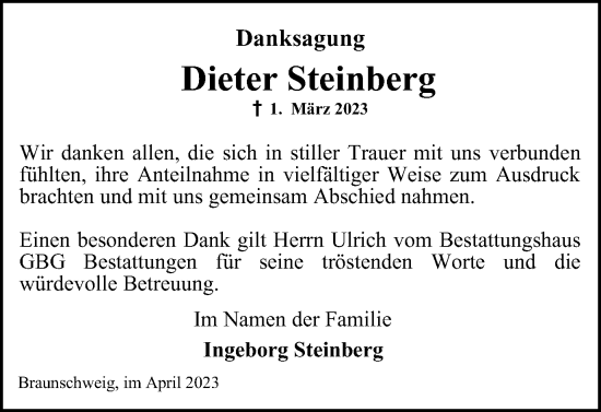 Traueranzeige von Dieter Steinberg von Braunschweiger Zeitung