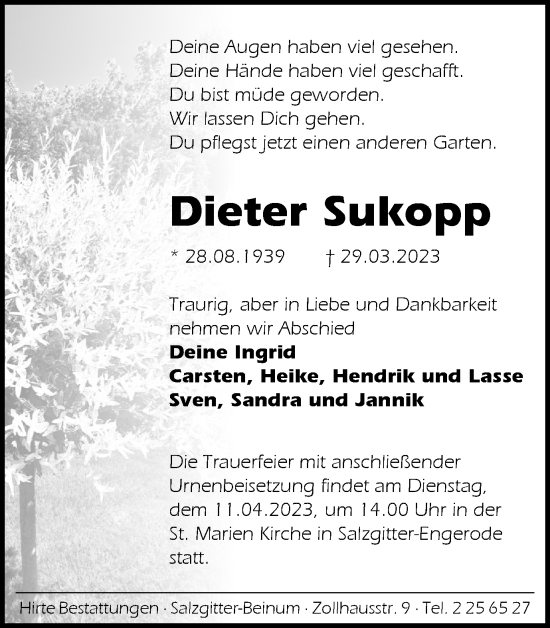 Traueranzeige von Dieter Sukopp von Salzgitter-Zeitung