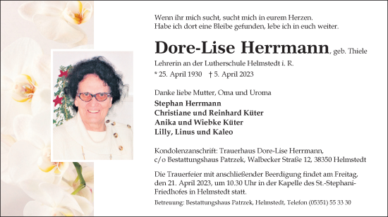 Traueranzeige von Dore-Lise Herrmann von Helmstedter Nachrichten, Wolfenbütteler Zeitung